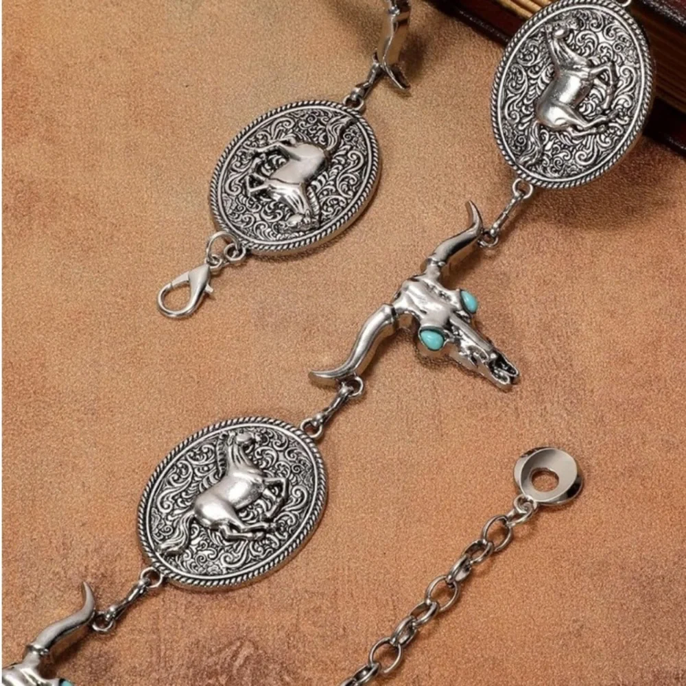 Western Concho Chain Belt Silver Cow Skull Longhorn Boho Cowgirl